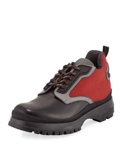 Prada Colorblock Leather & Nylon Short Hiking Boot, Black