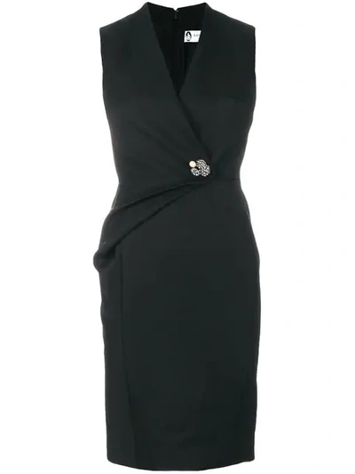 Lanvin Swarovski Crystal Brooch Pleated Wool Twill Dress In Noir