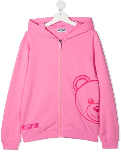 Moschino Teen Teddy Zipped Hoodie In Pink