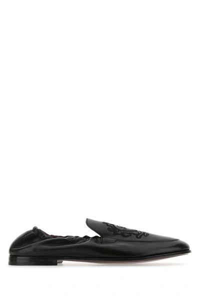 Dolce & Gabbana Embroidery Leather Slippers In Black