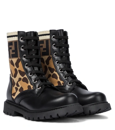 Fendi Kids' Ff Leopard-jacquard And Leather Ankle Boots In Black