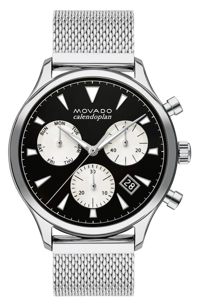 Movado Heritage Calendoplan Chronograph Bracelet Watch, 43mm In Silver/ Black/ Silver