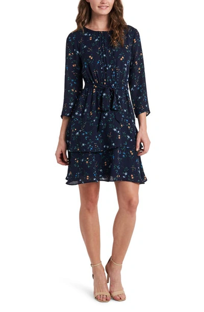 Cece Floral Print Three Quarter Sleeve Dress In Deep Marine