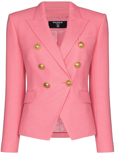 Balmain Embossed-button Double-breasted Blazer In Pink
