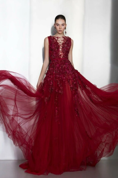 Ziad Nakad Sleeveless Illusion Neck A-line Gown In Red