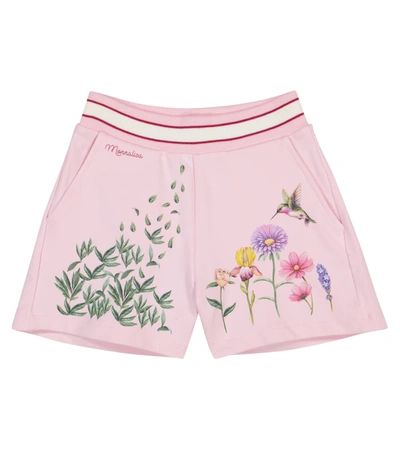 Monnalisa Kids' Cotton Fleece Bermuda Shorts With Botanical Embroidery In Pink
