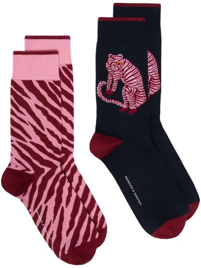 Desmond & Dempsey Blue And Pink Tiger And Zebra Sock Set In Blau