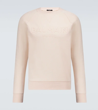 Balmain Logo Embossed Cotton Sweatshirt In Beige