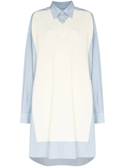 Maison Margiela Blue & Off-white Spliced Knit Shirt Dress In Light Sky With White Stripes