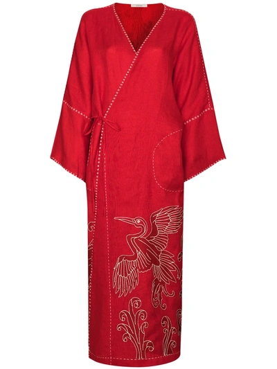 Vita Kin Dancing Heron Embroidered Kimono Dress In Red