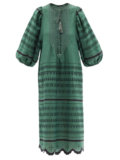 Vita Kin Belarus Beaded Embroidered Linen Dress In Green