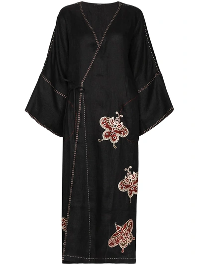 Vita Kin Kyoto Butterfly-embroidered Linen Wrap Dress In Black