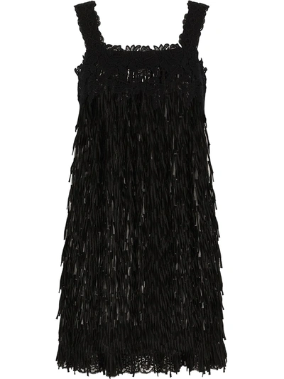 Dolce & Gabbana Tulle Midi Dress With Emroidered Fringing In Black