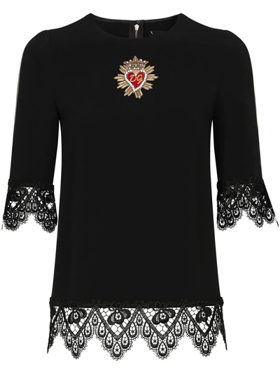 Dolce & Gabbana Cady Blouse With Lace Trims And Patch Embellishment In Black