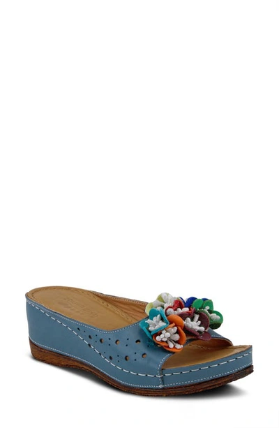 Spring Step Flower Child Slide Wedge Sandal In Blue Leather