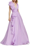 Mac Duggal Sleeveless Floral Ruffle Ruched Chiffon Ball Gown In Orchid