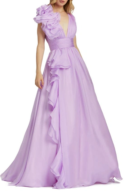 Mac Duggal Sleeveless Floral Ruffle Ruched Chiffon Ball Gown In Orchid