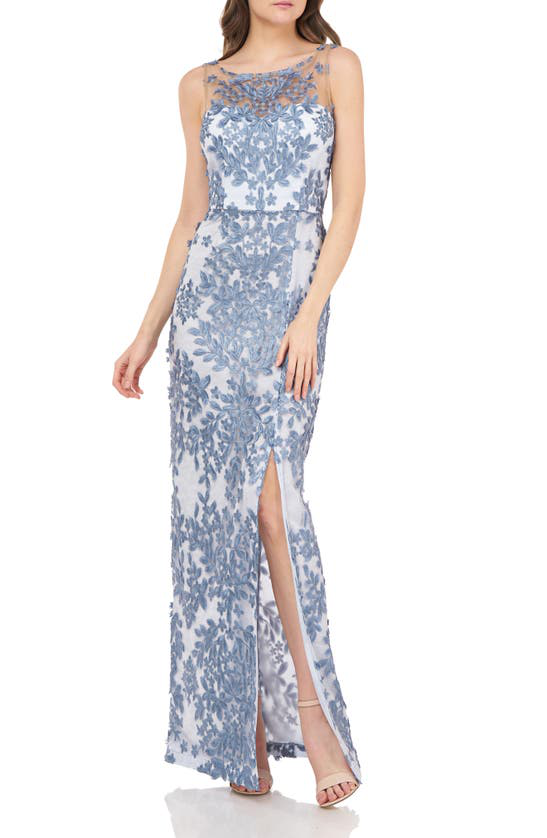 Js Collections Leaf Embroidered Gown In Mineral Blue | ModeSens