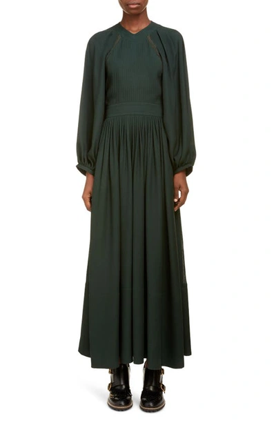 Chloé Lace Trim Open Back Long Sleeve Crepe Dress In Eclipse Green