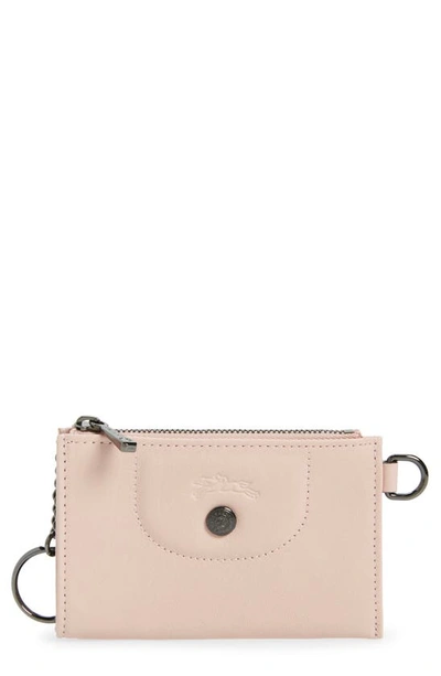 Longchamp Le Pliage Cuir Coin Purse With Key Ring In Pale Pink