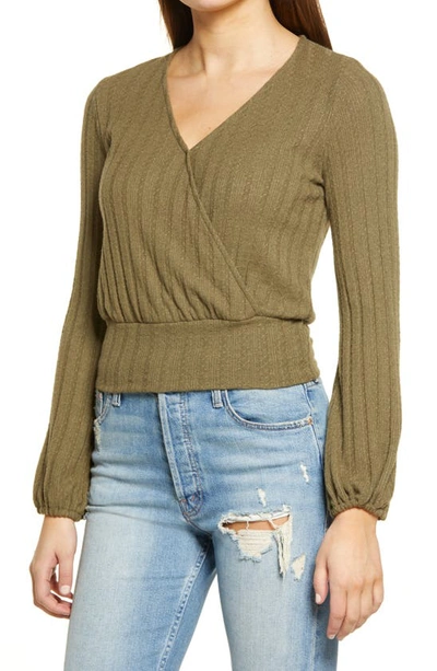 All In Favor Pointelle Faux Wrap Long Sleeve Top In Light Olive