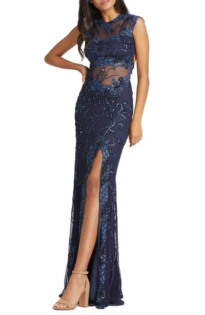 Mac Duggal Illusion Sequin Gown In Midnight