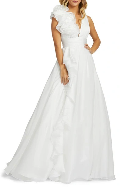 Mac Duggal Sleeveless Floral Ruffle Ruched Chiffon Ball Gown In White