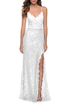 La Femme Strappy Back Lace Gown In Ivory