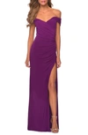 La Femme Off The Shoulder Jersey Gown In Purple