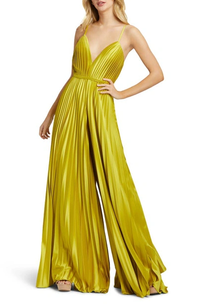 Ieena For Mac Duggal Pleated Plunge Neck Wide Leg Jumpsuit Dress In Chartreuse