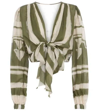 Johanna Ortiz + Net Sustain Camino Inca Cropped Printed Organic Cotton-voile Wrap Top In Ivory/green