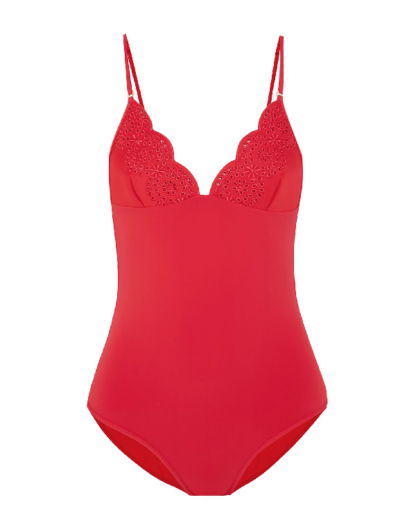 red scalloped one piece swimsuit