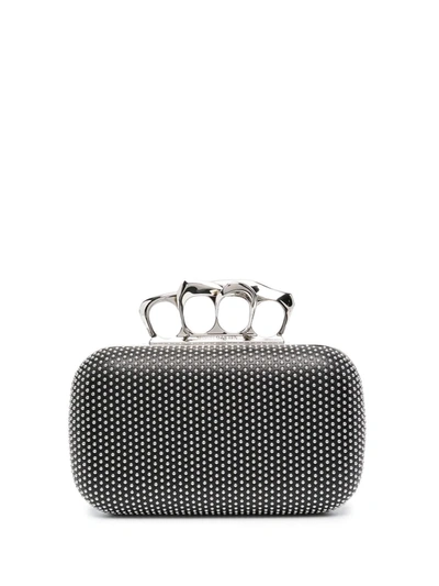 Alexander Mcqueen Four-ring Beaded Leather Box Clutch In Black