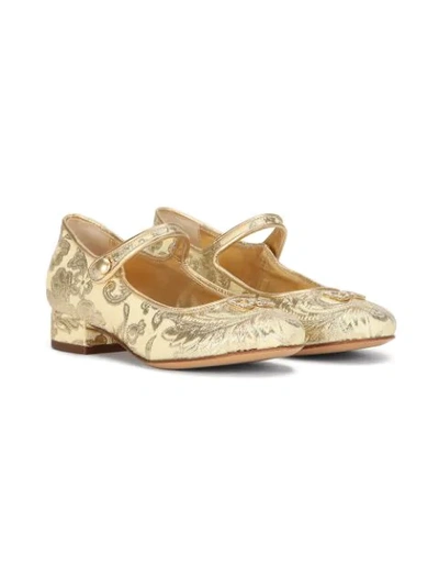 Dolce & Gabbana Kids' Lamé Brocade Mary Jane Ballet Flats In Yellow