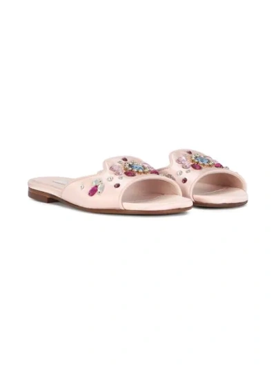 Dolce & Gabbana Kids' Satin Sliders With Bejeweled Embellishment In Pink