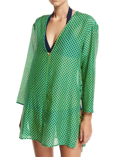 Diane Von Furstenberg Long-sleeve V-neck Tied Mini Dress, Green