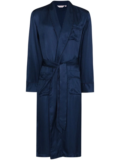 Derek Rose Tonal Pinstripe Silk Robe In Blue