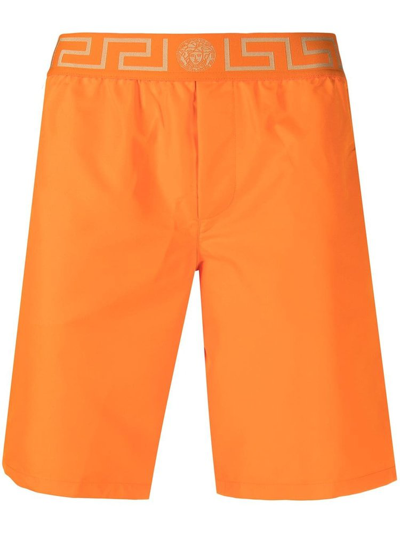 Versace Grecca Waistband Swimming Shorts In Orange