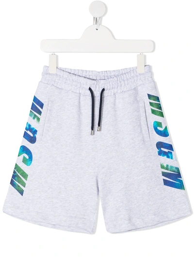 Msgm Teen Side Logo Print Track Shorts In Grey