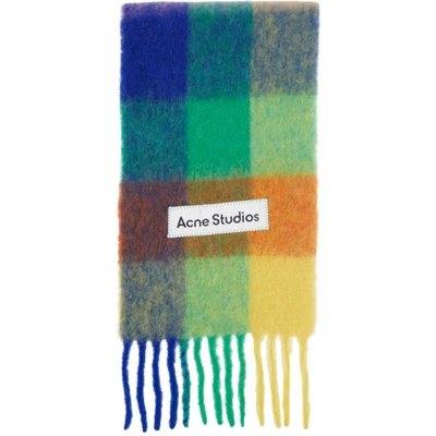 Acne Studios Womens Blue Green Orange Vally Checked Wool Scarf