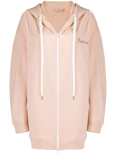 Marni Logo-embroidered Oversized Zip-up Hoodie In Pink