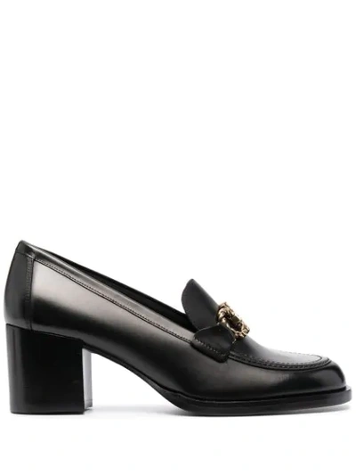 Ferragamo Black Leather Gancini Chunky Heel Pumps, Brand Size 7 D