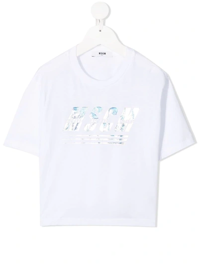 Msgm Kids' Metallic Logo Print T-shirt In White