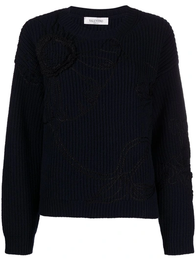 Valentino Floral-embroidered Knitted Jumper In Blue