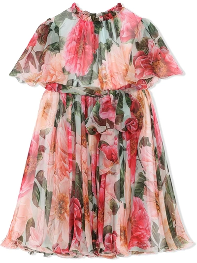 Dolce & Gabbana Kids' Floral Ruffled Crepe Dress In Pink
