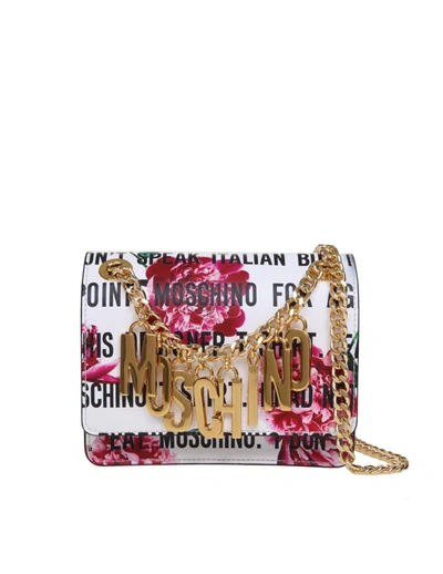 Moschino M Bag Shoulder Bag With Slogan & Flowers Print In White