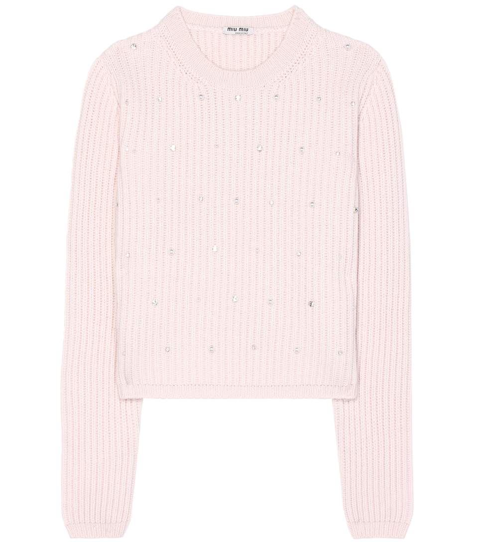 Miu Miu Embellished Knitted Cashmere Sweater In Pink | ModeSens