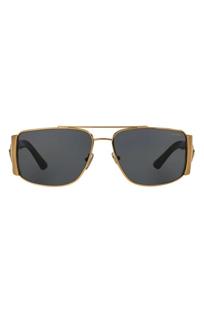 Versace 63mm Polarized Oversize Rectangular Sunglasses In Gold/ Grey