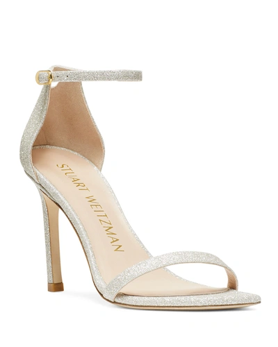 Stuart Weitzman Amelina Glitter Cocktail Stiletto Sandals In Platino