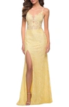 La Femme Open-back Stretch Lace Column Gown In Pale Yellow